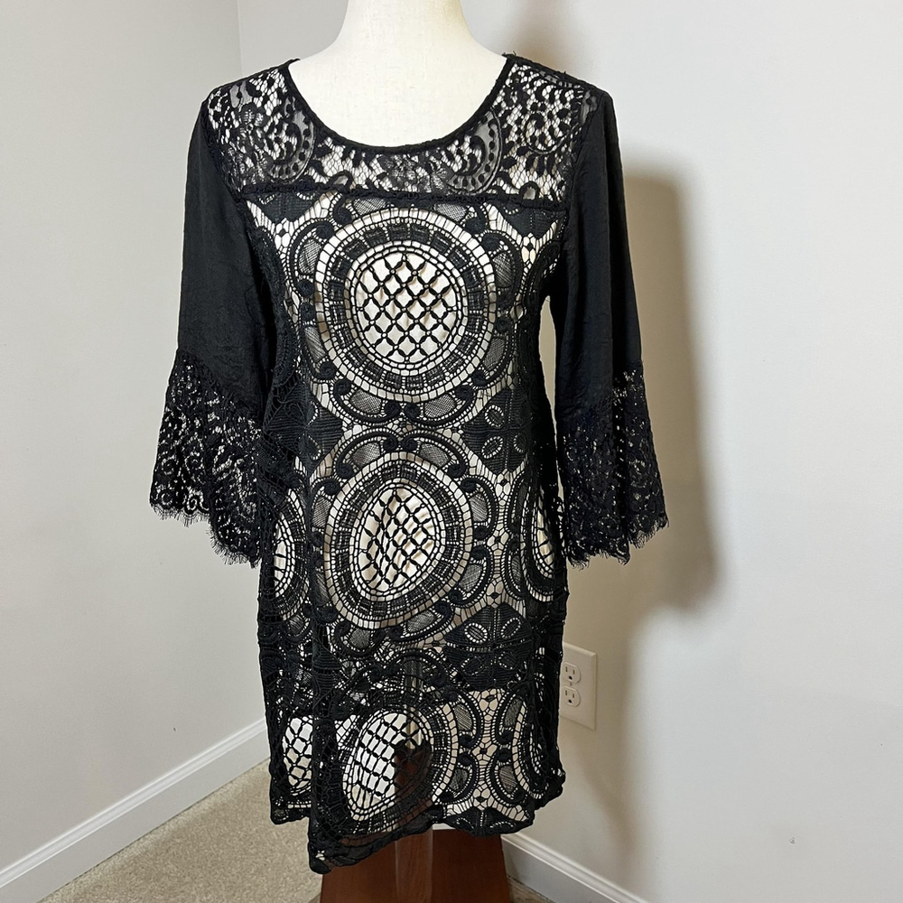 Black Lace Crochet Dress Small Bell Sleeve Boho Whimsigoth Dark Fairy Grunge